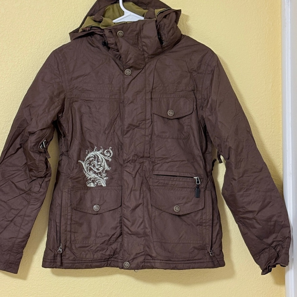 Sims Women Ski Jacket Brown Insulated Winter Coat Hooded XS Embroidered